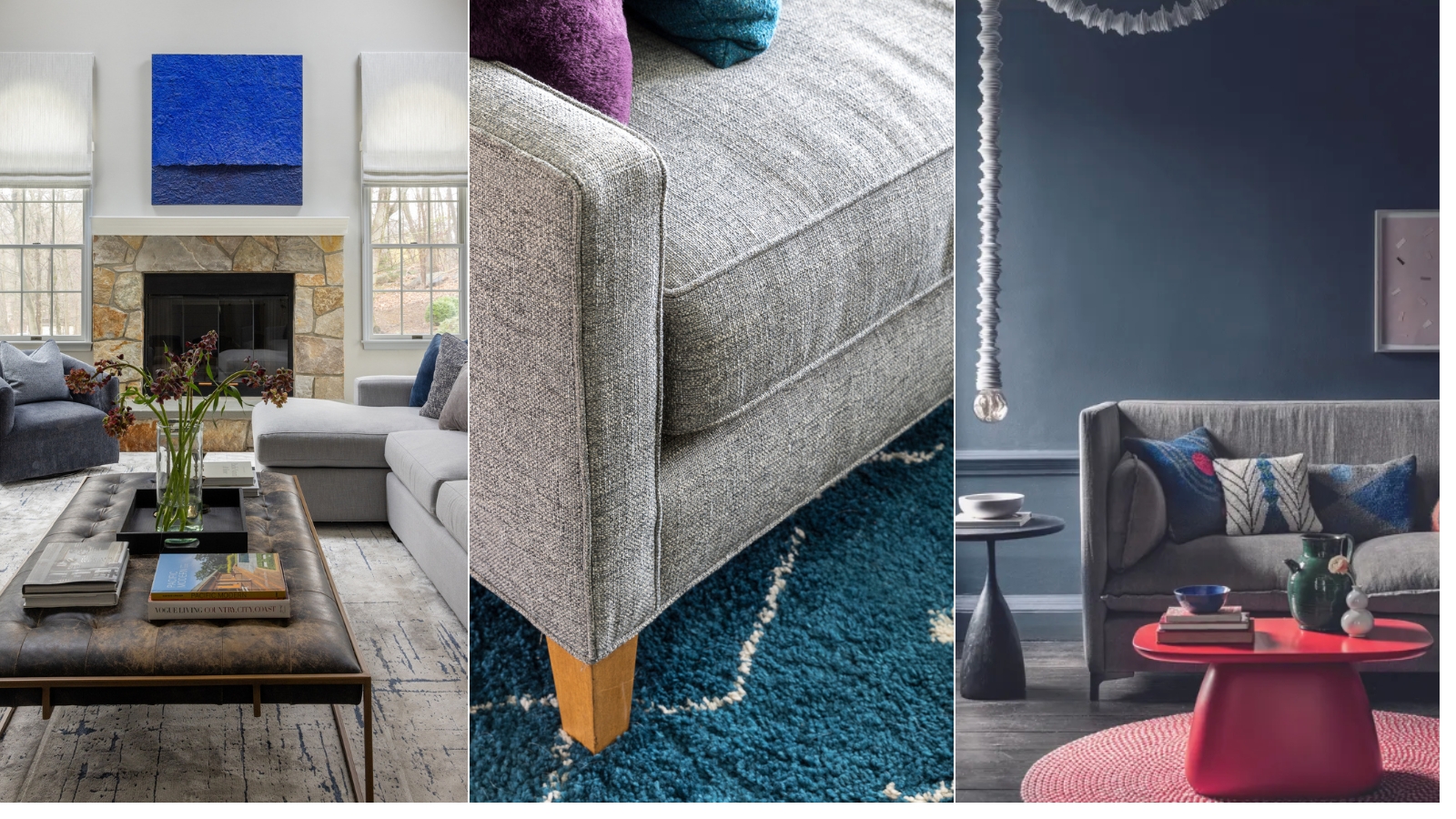 Gray Sofa with Red Accent Table and Blue Living Room Styling