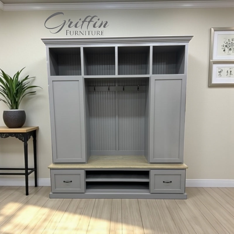 Hall Tree Bench with Integrated Side Lockers and Wood Top