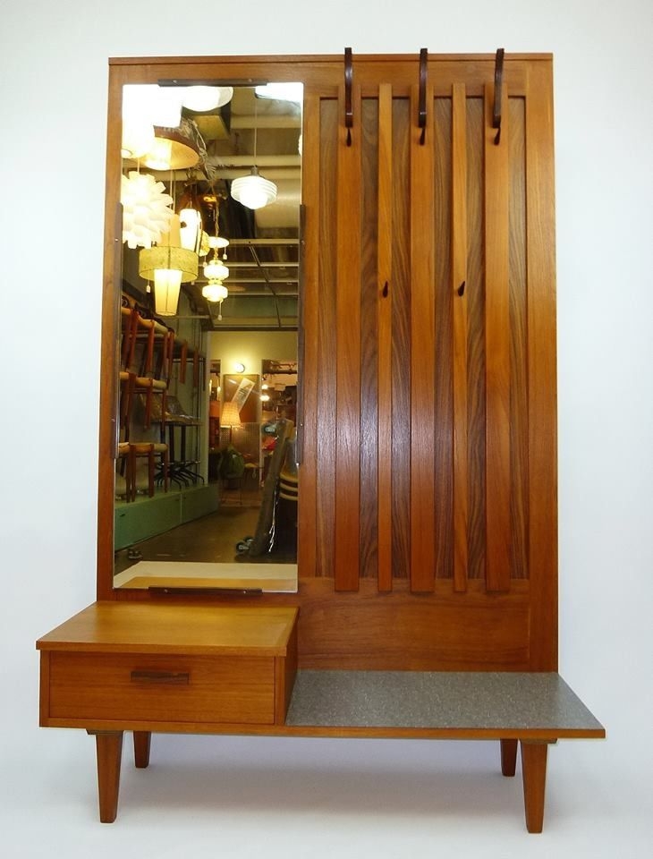Hall Tree Mirror Vertical Slats Wood Storage Bench