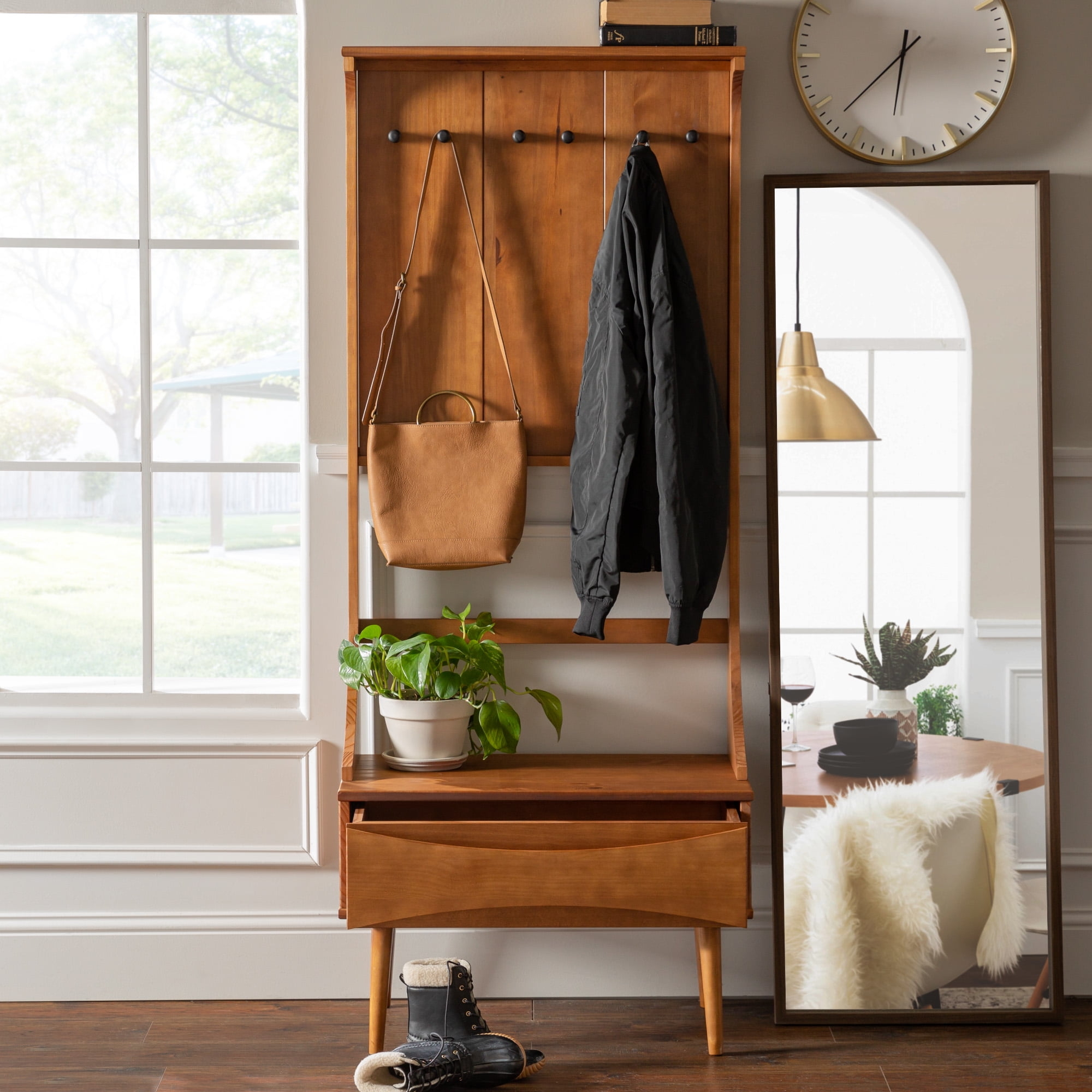Hall Tree with Curved Drawer Front and Honey Wood Hall Tree
