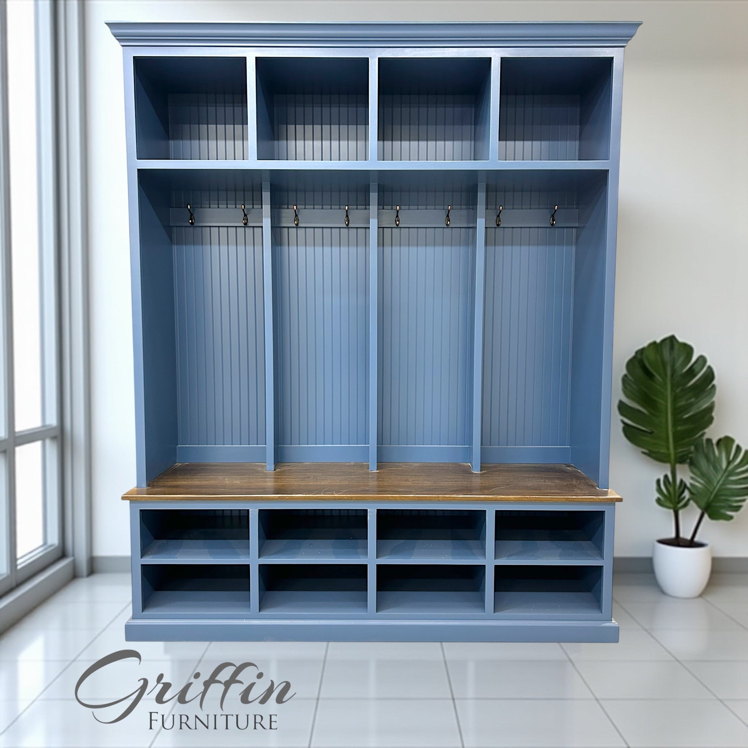 Hall Tree with Multi Tier Cubbies and Dusty Blue Finish