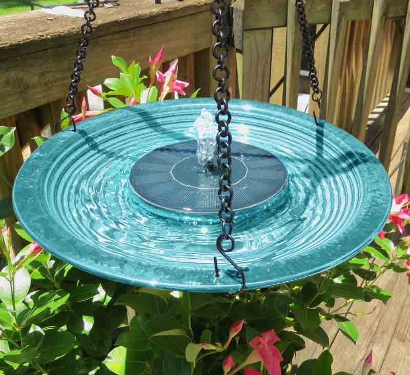 Hanging Bird Bath: Teal Glass Basin Solar Powered Fountain