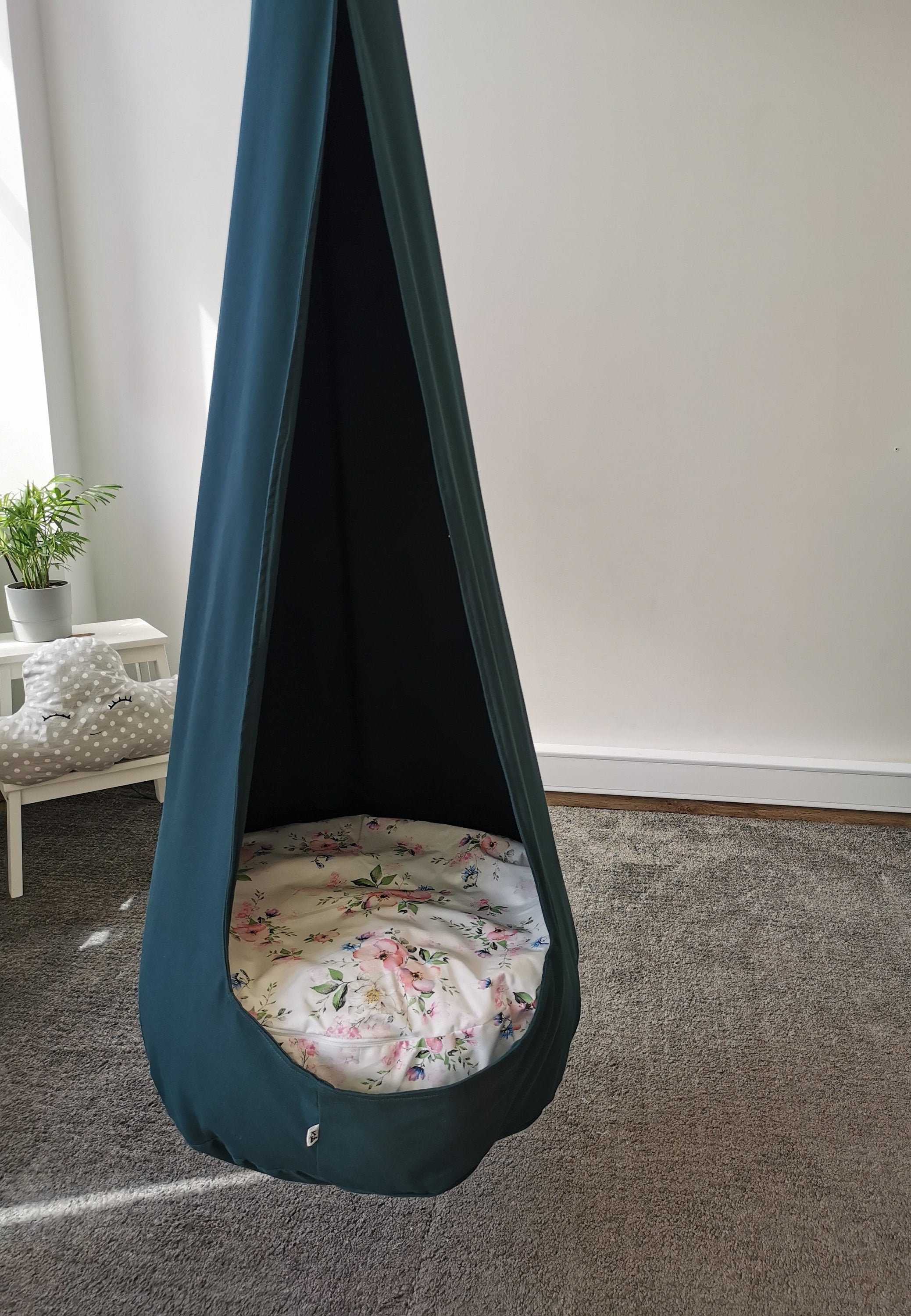 Hanging Cocoon Swing with Petrol Blue Fabric and Floral