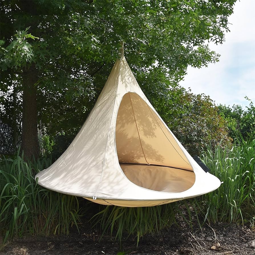 Hanging Cocoon with Conical Canopy and Beige Tree Swing