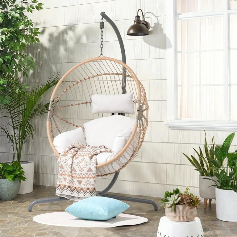 Hanging Egg Chair with C-Shaped Stand and Wicker Porch