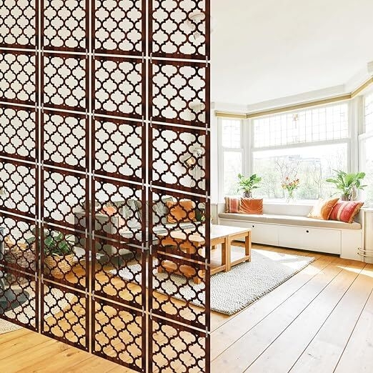 Hanging Room Divider: Quatrefoil Pattern Boho Walnut Screen