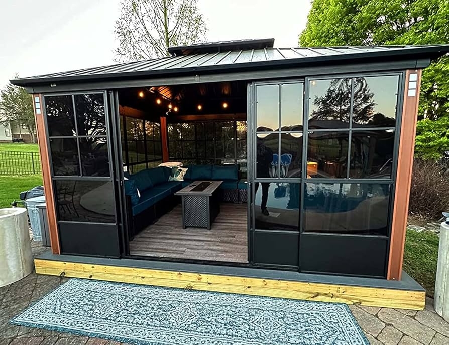 Hardtop Gazebo Matte Black Sliding Glass Walls Enclosed Solarium