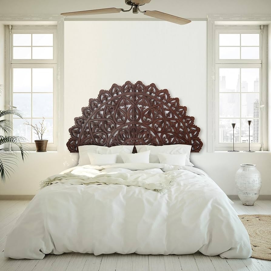 Headboard Dark Brown Half Moon Shape Wall Mount Panels