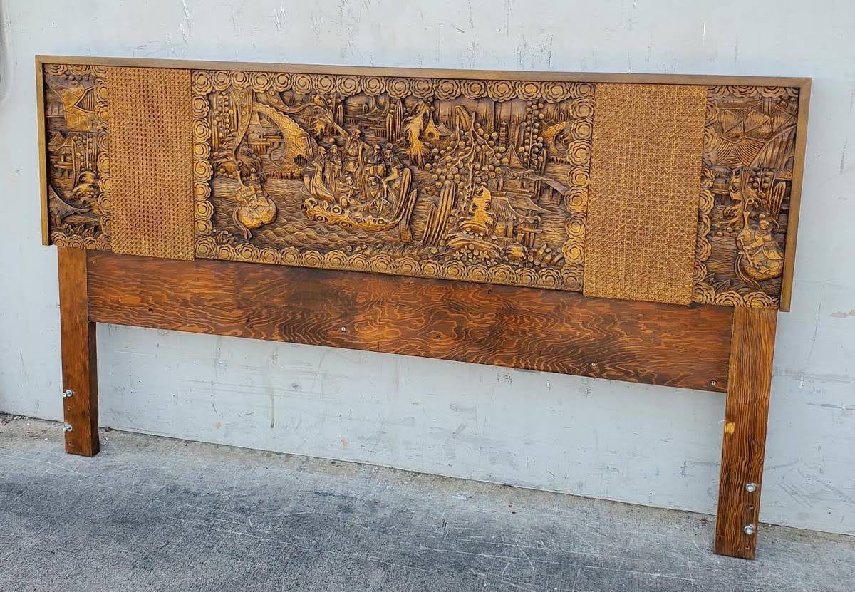 Headboard Figural Relief and Woven Panels Chinoiserie