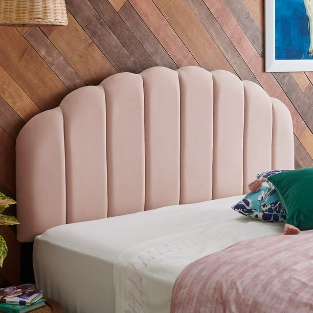Headboard in Blush Velvet with Channel Tufted Arched Edge