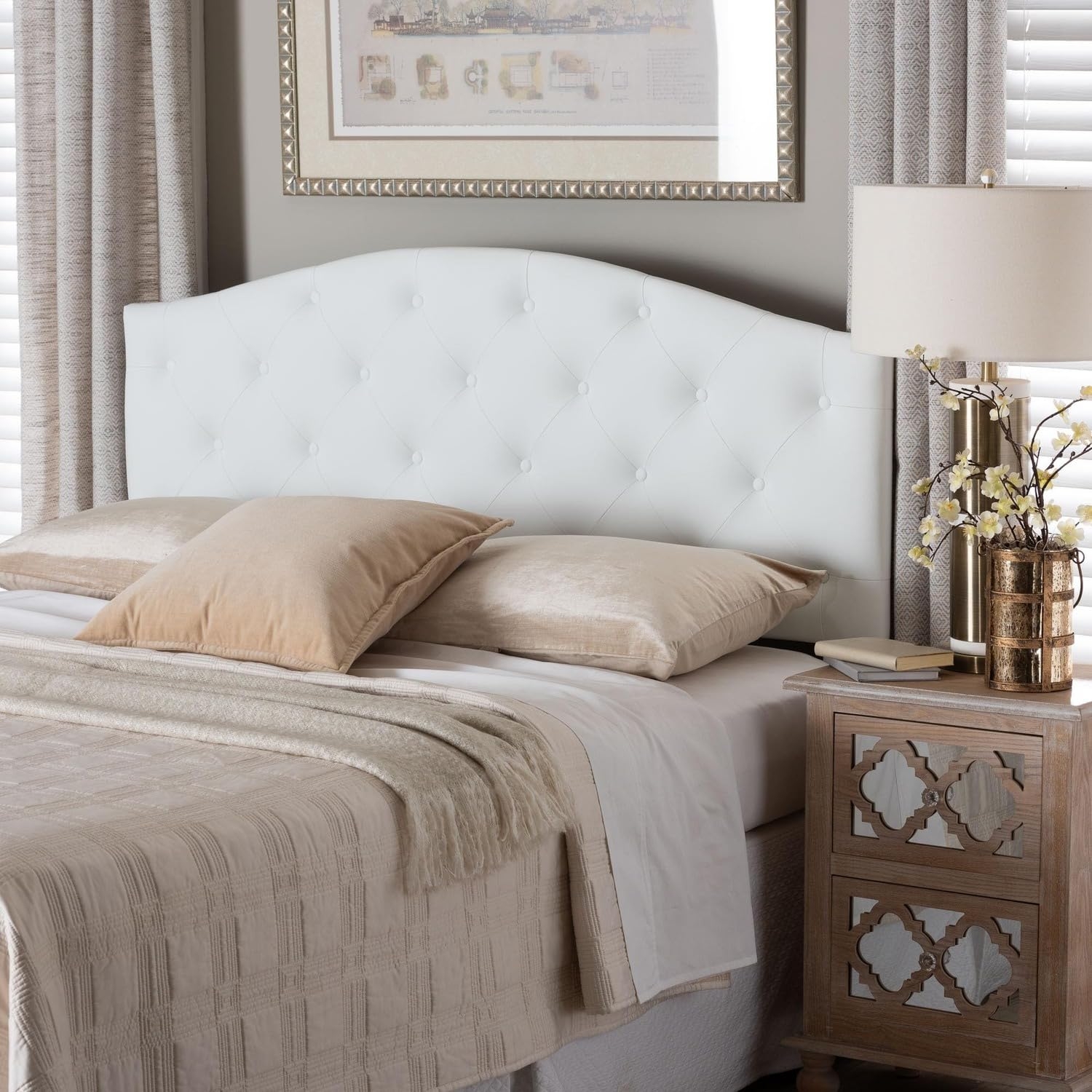 Headboard in White Faux Leather with Button Tufting