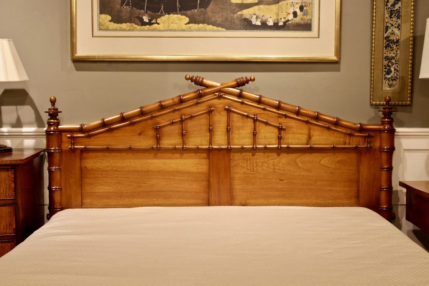 Headboard Peaked Pediment Carved Faux Bamboo British Colonial Bedroom