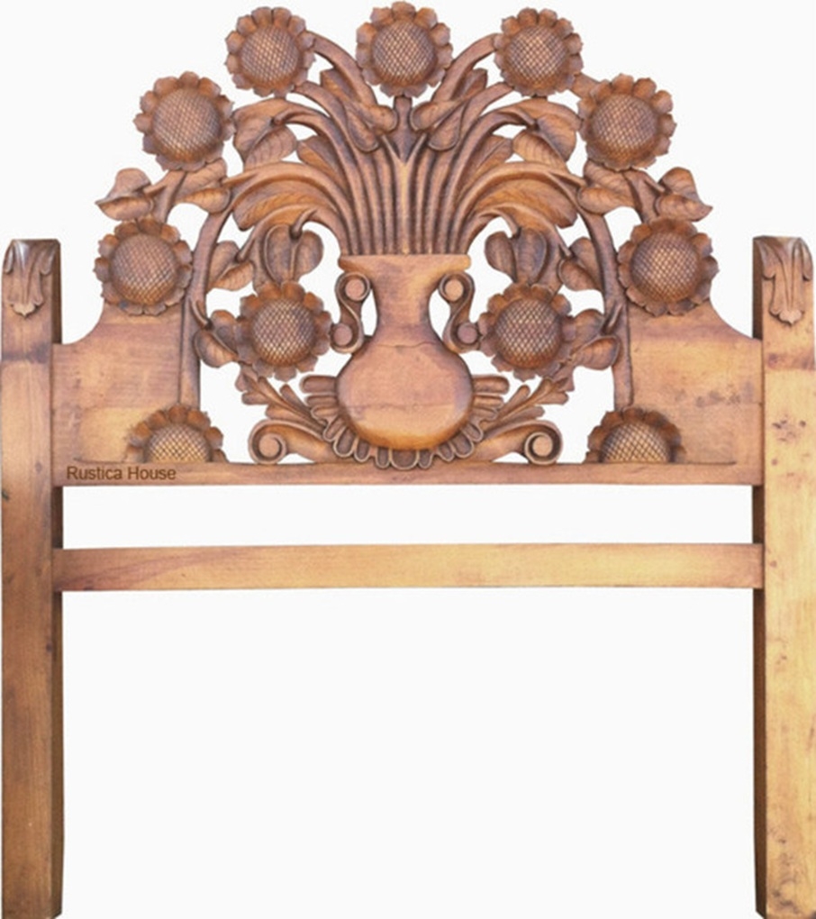 Headboard Sunflower Carving High Relief Pine Bed Frame