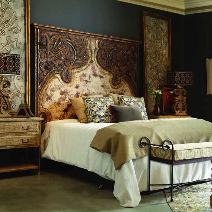 Headboard Tall Profile Distressed Antique Gold Bed