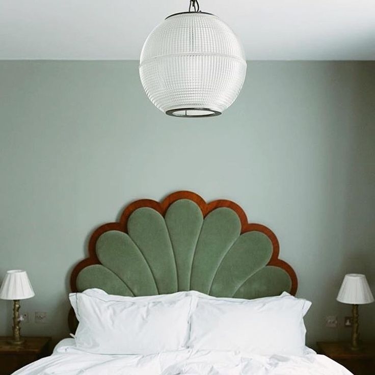 Headboard with Fan Shape and Sage Green Scalloped Edge