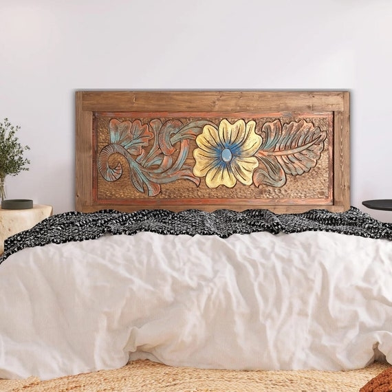 Headboard with Hand Carved Floral Teal Patina Relief