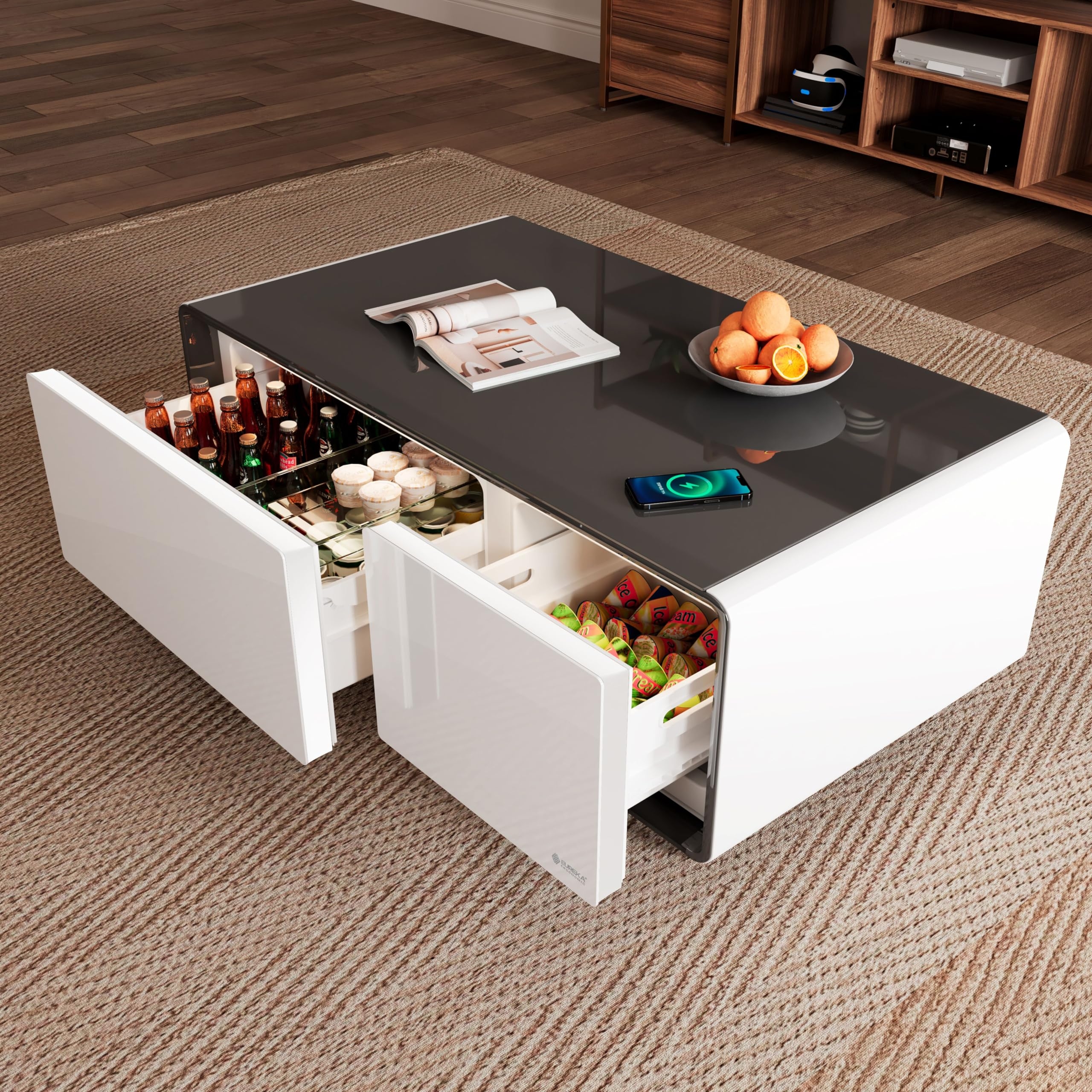 High Gloss Smart Table with Fridge and White Gloss Cooling Table