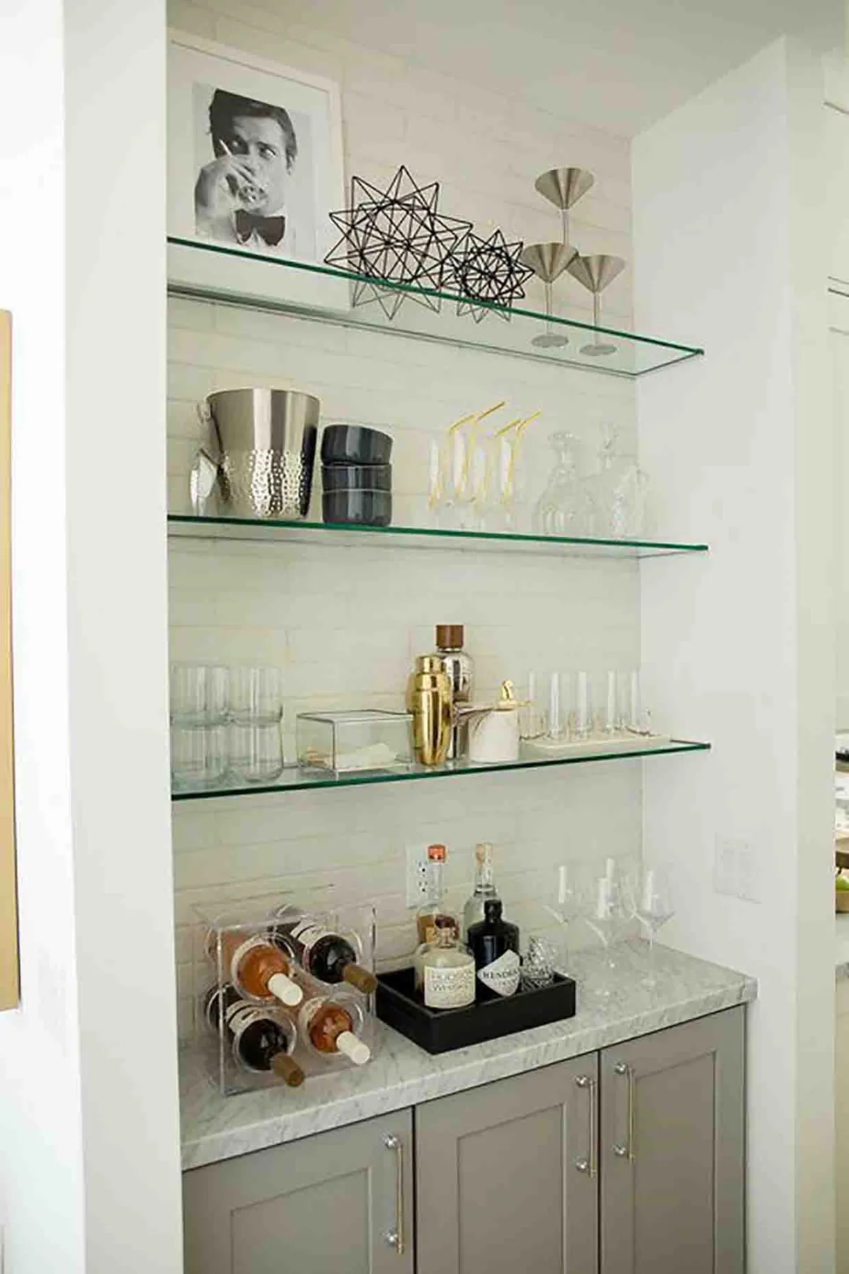 Home Bar with Acrylic Accents and Glass Floating Shelves Bar Niche