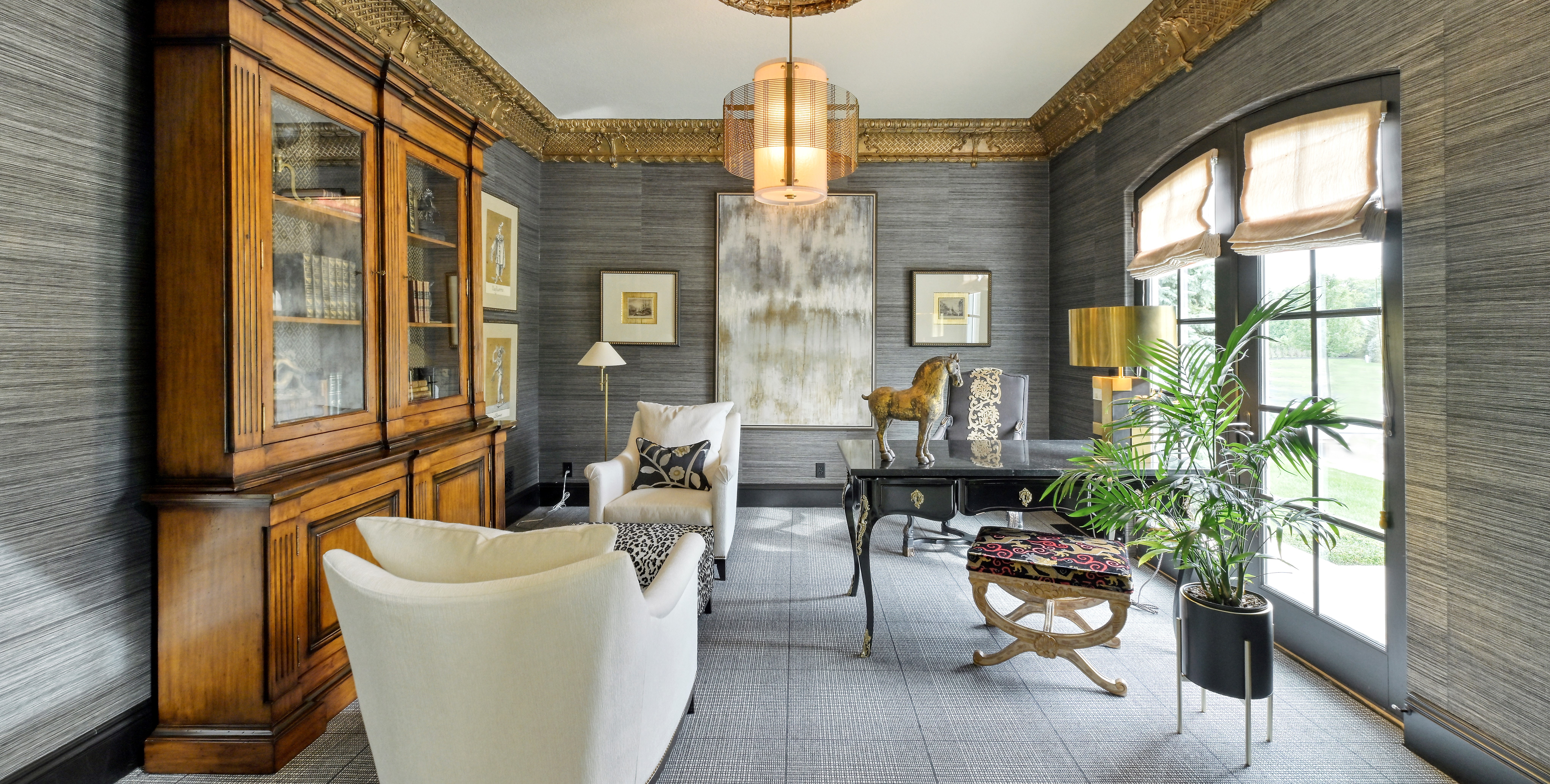 Home Office with Gilded Crown Molding and Grey Wallpaper