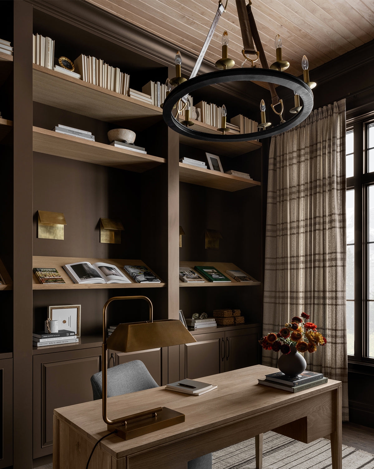 Hoop Chandelier with Leather Suspension for Library Lighting