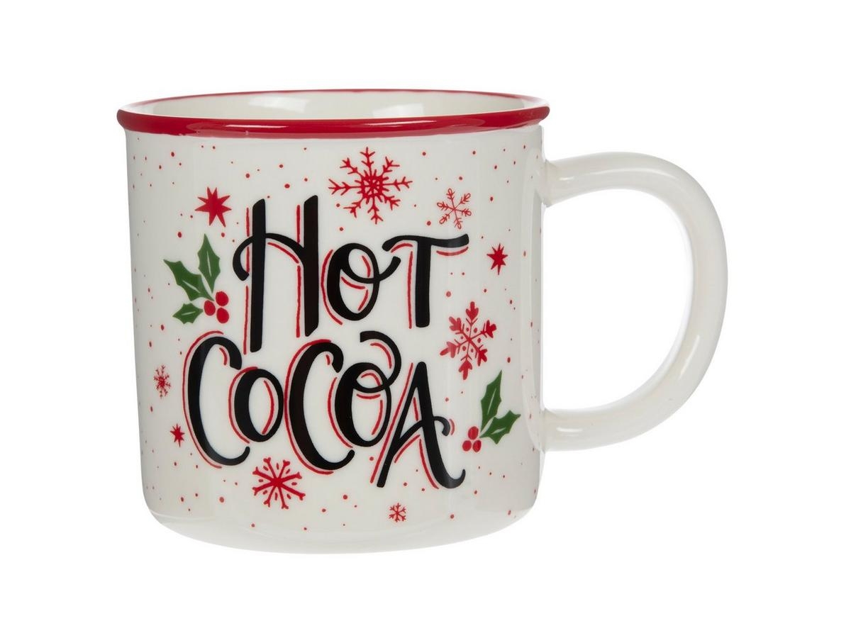 Hot Cocoa Mug: Red Rim Detail Festive Snowflake Print Coffee Cup