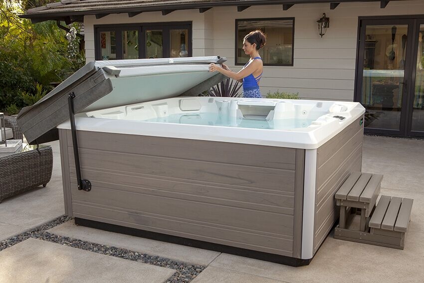 Hot Tub Driftwood Grey Siding Cover Lifter Matching Spa Steps