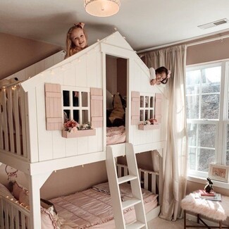 House Bunk Bed: Pink Shutters & Whimsical House Bunk Bed