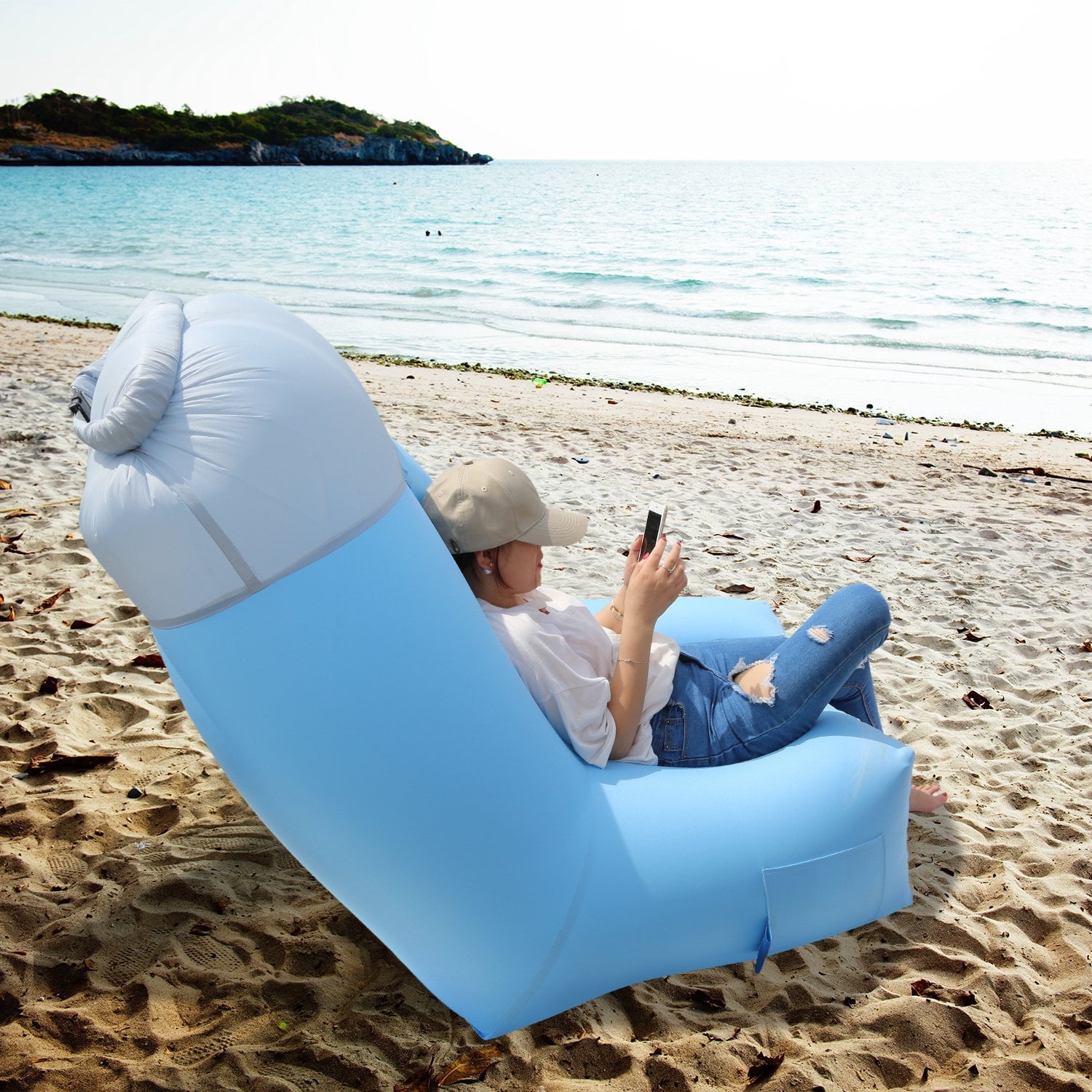 Inflatable Lounger Roll Top Closure Side Pocket Blue