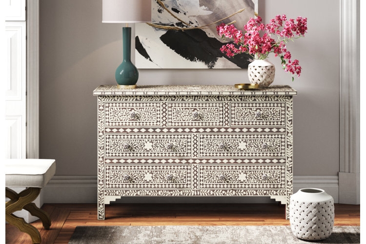 Inlaid Dresser Floral Inlay Pattern Seven Drawer Commode