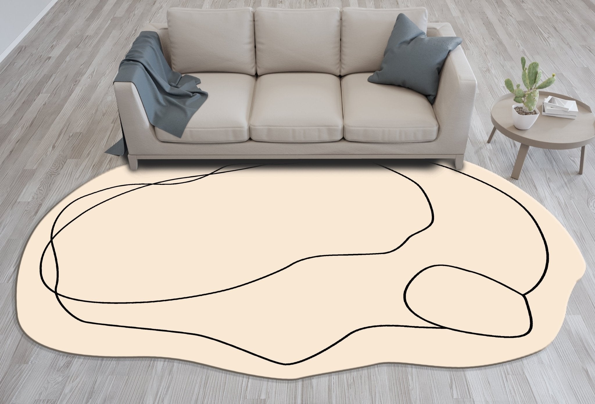 Irregular Shaped Rug Organic Line Art Wavy Perimeter Beige