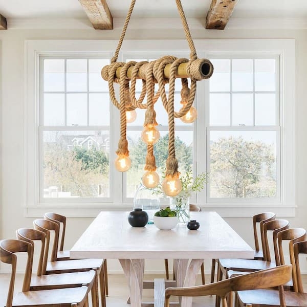 Island Chandelier with Wrapped Hemp Rope Bamboo Beam