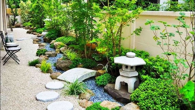 Japanese Garden Dry Creek Bed With Stone Lantern Decor