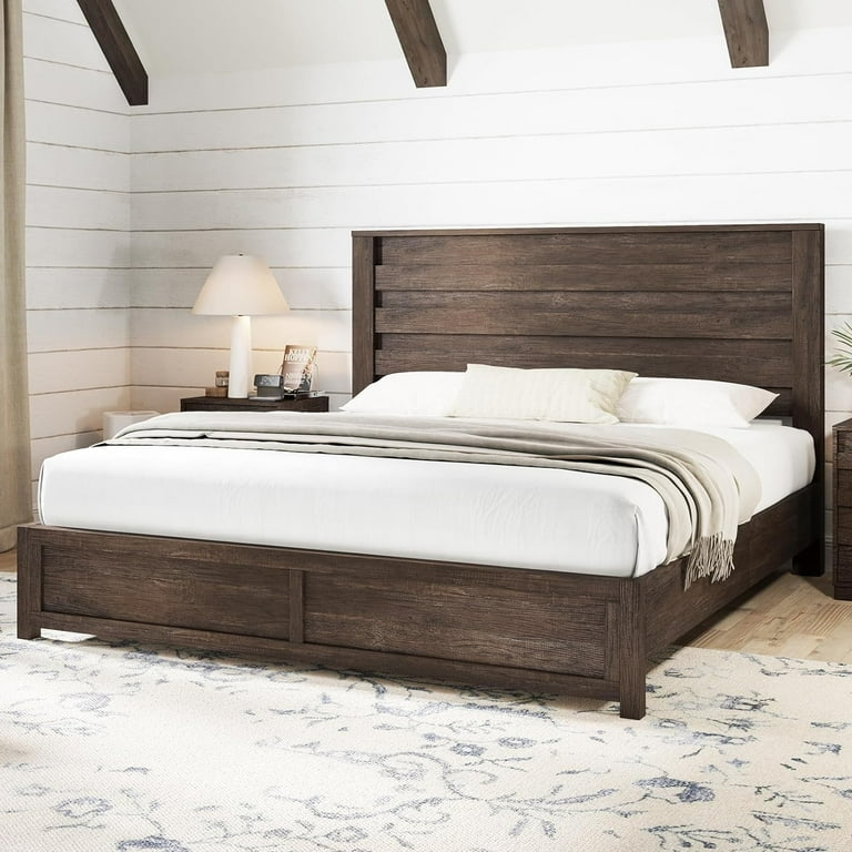 King Bed Frame with Natural Woodgrain Texture in Grey