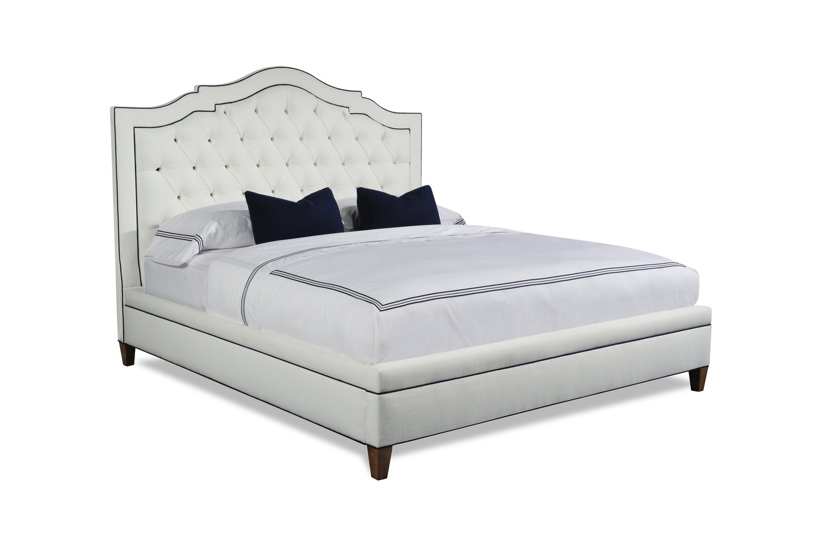 King Bed with Navy Contrast Piping and Button Tufting