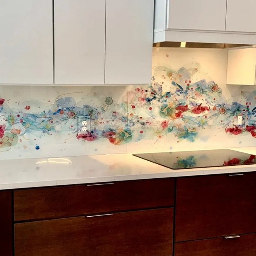 Kitchen Backsplash Abstract Watercolor Print Solid Glass Wall Panel