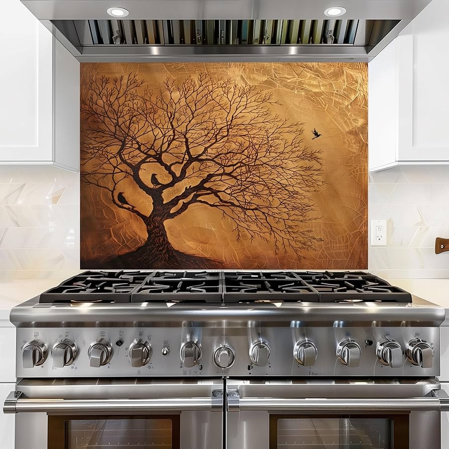 Kitchen Backsplash Bronze Glass Stove Panel with Tree Silhouette