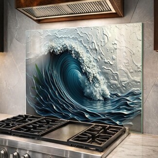 Kitchen Backsplash Ocean Wave Graphic Heat Resistant Glass Panel