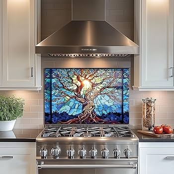 Kitchen Backsplash Tree of Life Motif Stained Glass Stove Guard