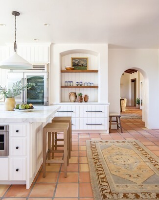 Kitchen Island Arched Alcove and Terracotta Floor
