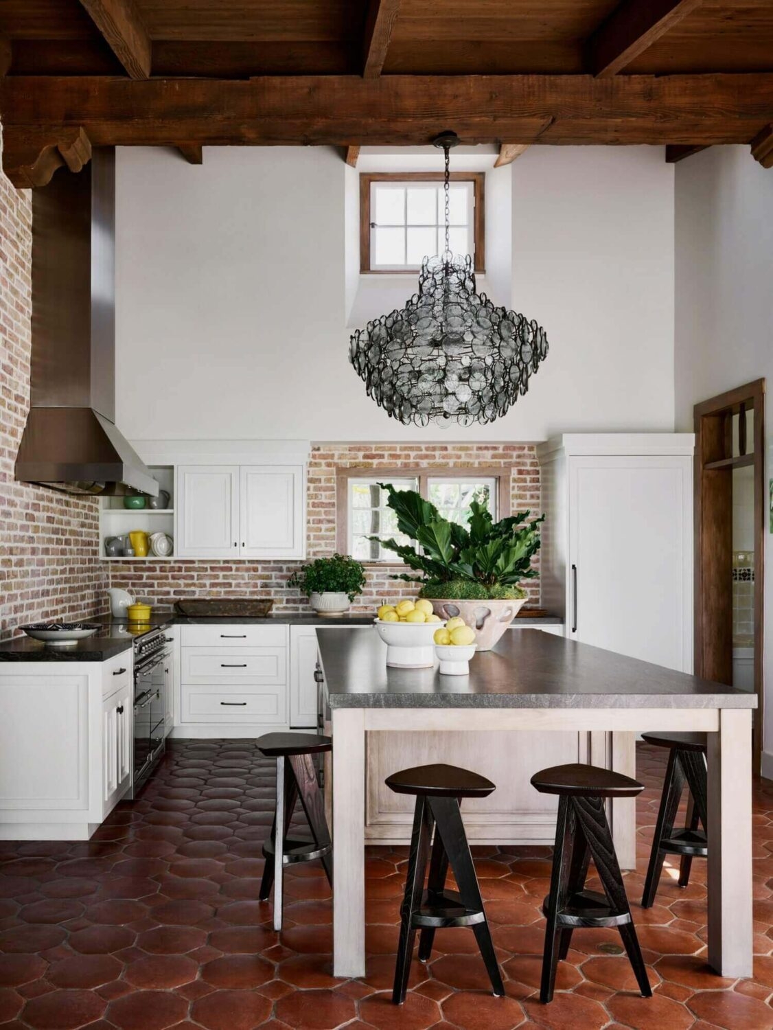 Kitchen Island featuring Hexagonal Clay Tiles and White
