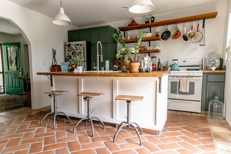 Kitchen Island over Herringbone Terracotta Floor Tile