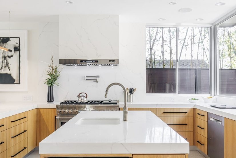 Kitchen Island Stone Clad Hood Seamless Slab Design