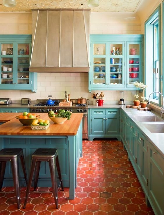 Kitchen Island with Terracotta Hexagon Tiles and Teal