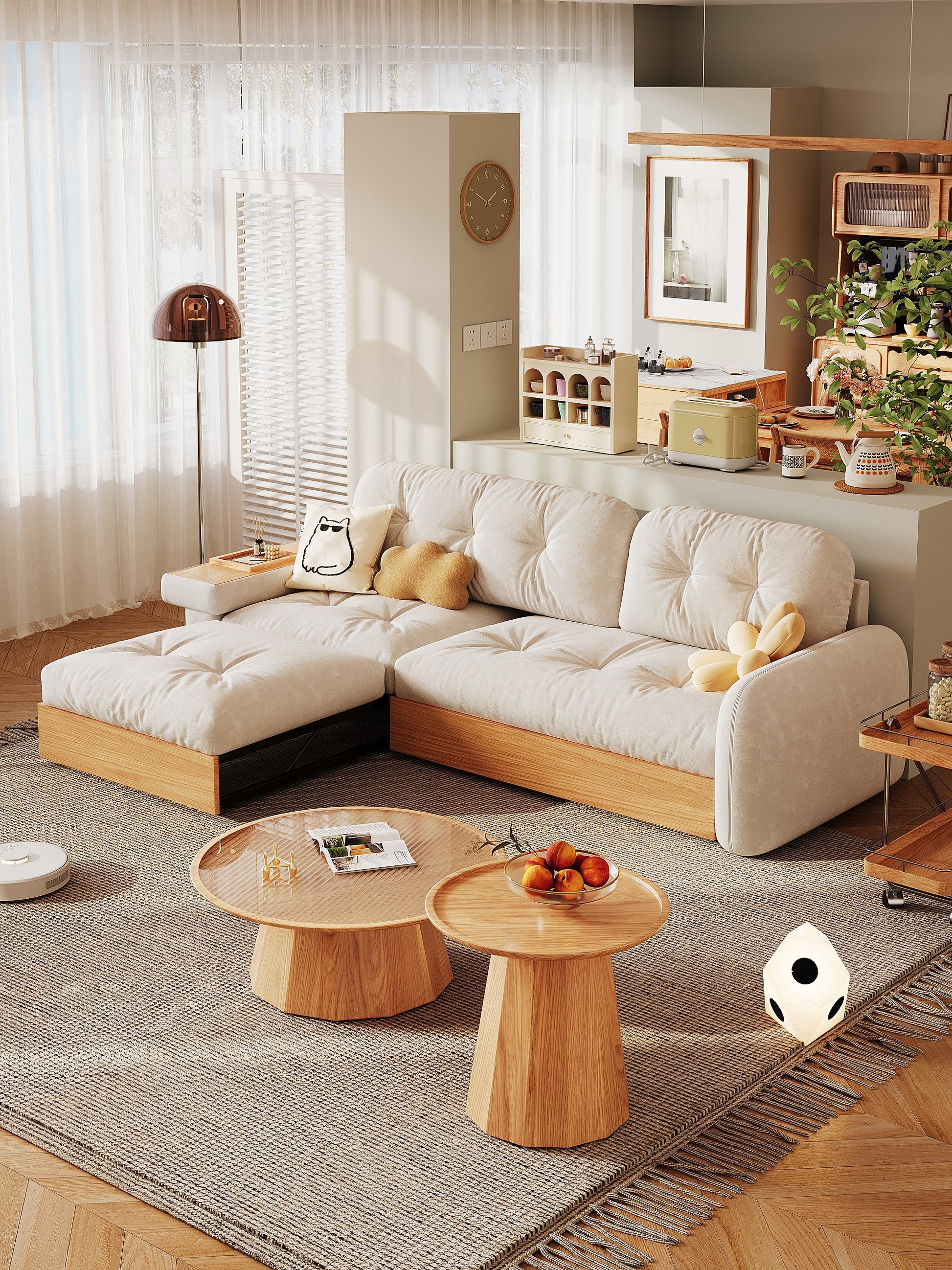 L Shape Sofa: Tufted Seat Wood Base Low Profile Seating