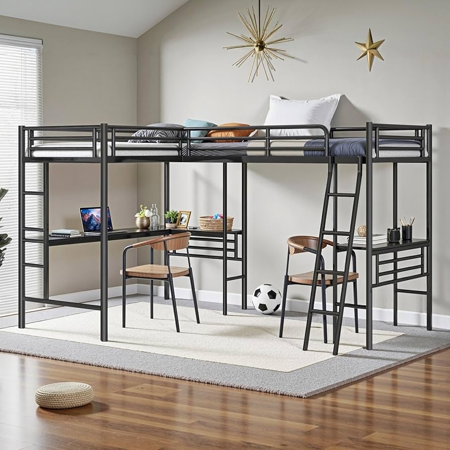 L-Shaped Loft Bed Corner Dual Workspace Metal Desk