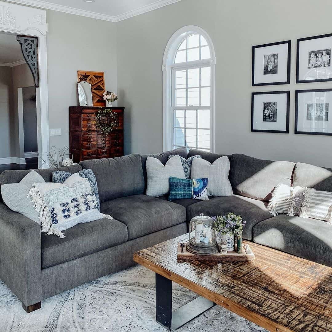 L-Shaped Sectional with Rustic Wood Coffee Table Seating