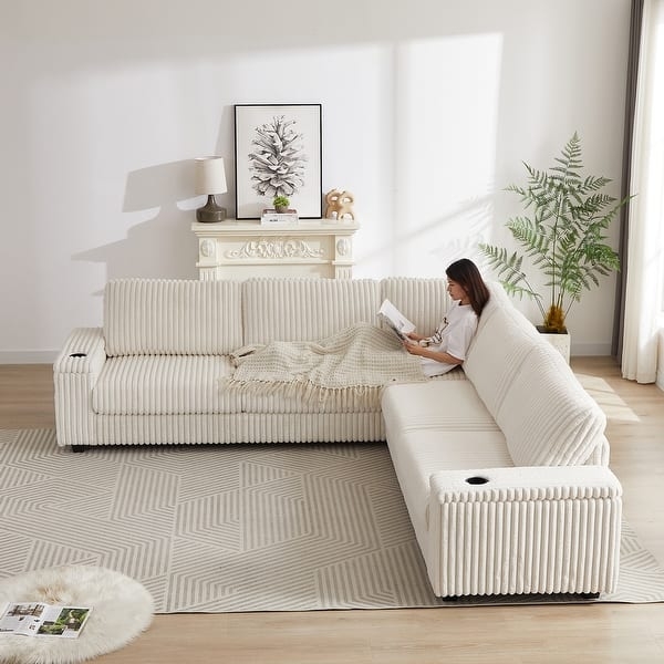L-Shaped Sofa Ribbed Corduroy Fabric Integrated Cups