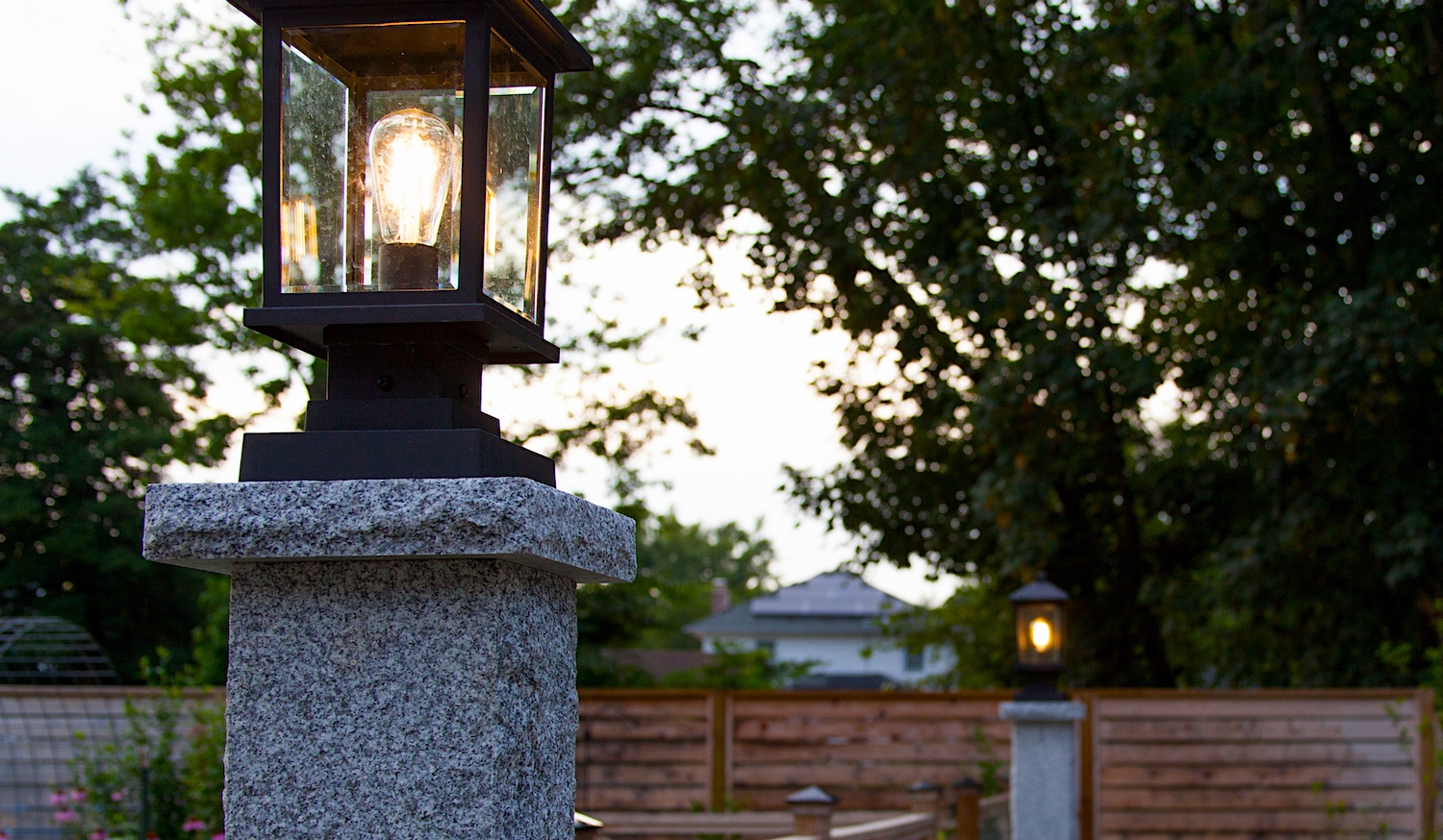 Lamp Post: Rough-Hewn Gray Stone Like Post with Edison Style Bulb