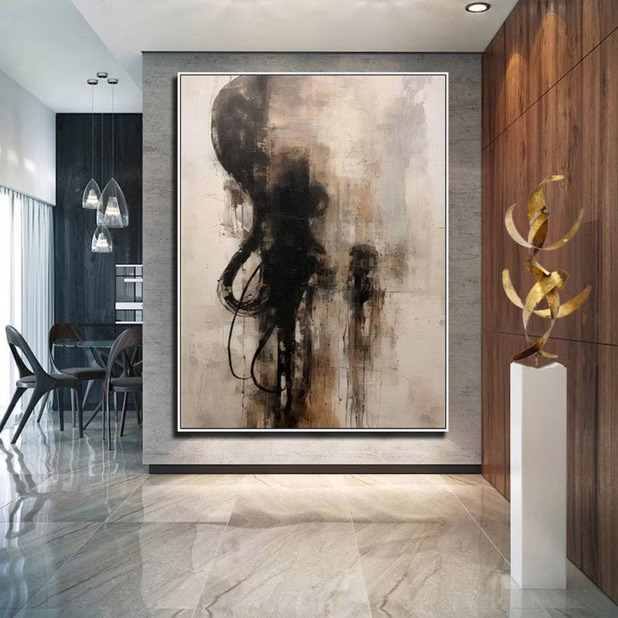 Large Wall Art: Gestural Lines and Ink Wash Effect Abstract