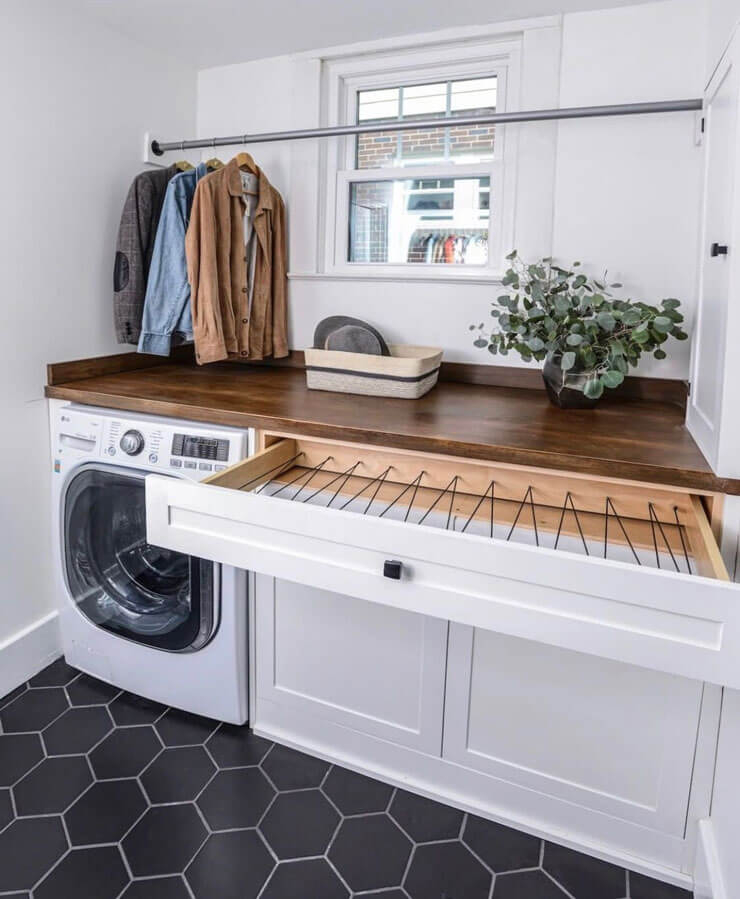 Laundry Cabinetry includes Hexagonal Flooring and Walnut Counter